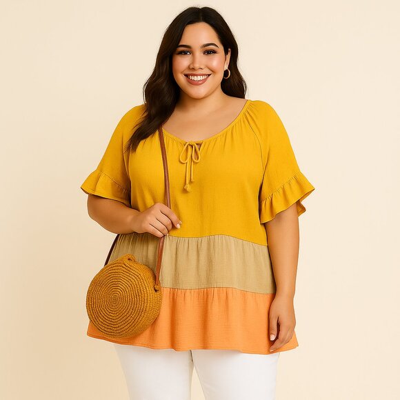 CATO Plus Boho Ruffle Peasant Top 18/20W Colorblock Gauze Blouse - Picture 1 of 6